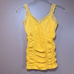 Vintage Y2K Yellow Ruched Cami Tank Lace Trim Babydoll Top Boho Stretchy McBling